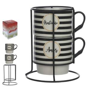 Caneca Dupla Com Suporte 300Ml Amor E Gratidão Preto/Branco