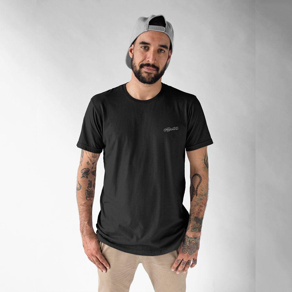 Camiseta Masculina Básica Hipsters Algodão Manuscrita  Preta
