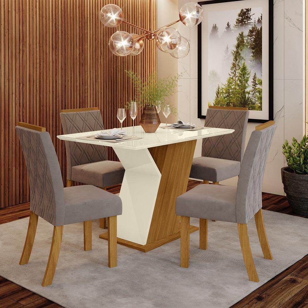Conjunto Sala de Jantar Tampo MDF Canto Reto com Vidro 120 Cm 04 Cadeiras Lupita Casa 812