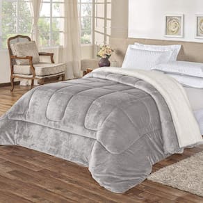 Coberdrom Queen Noruega Sherpa + Manta Flannel 1Pç - Cinza