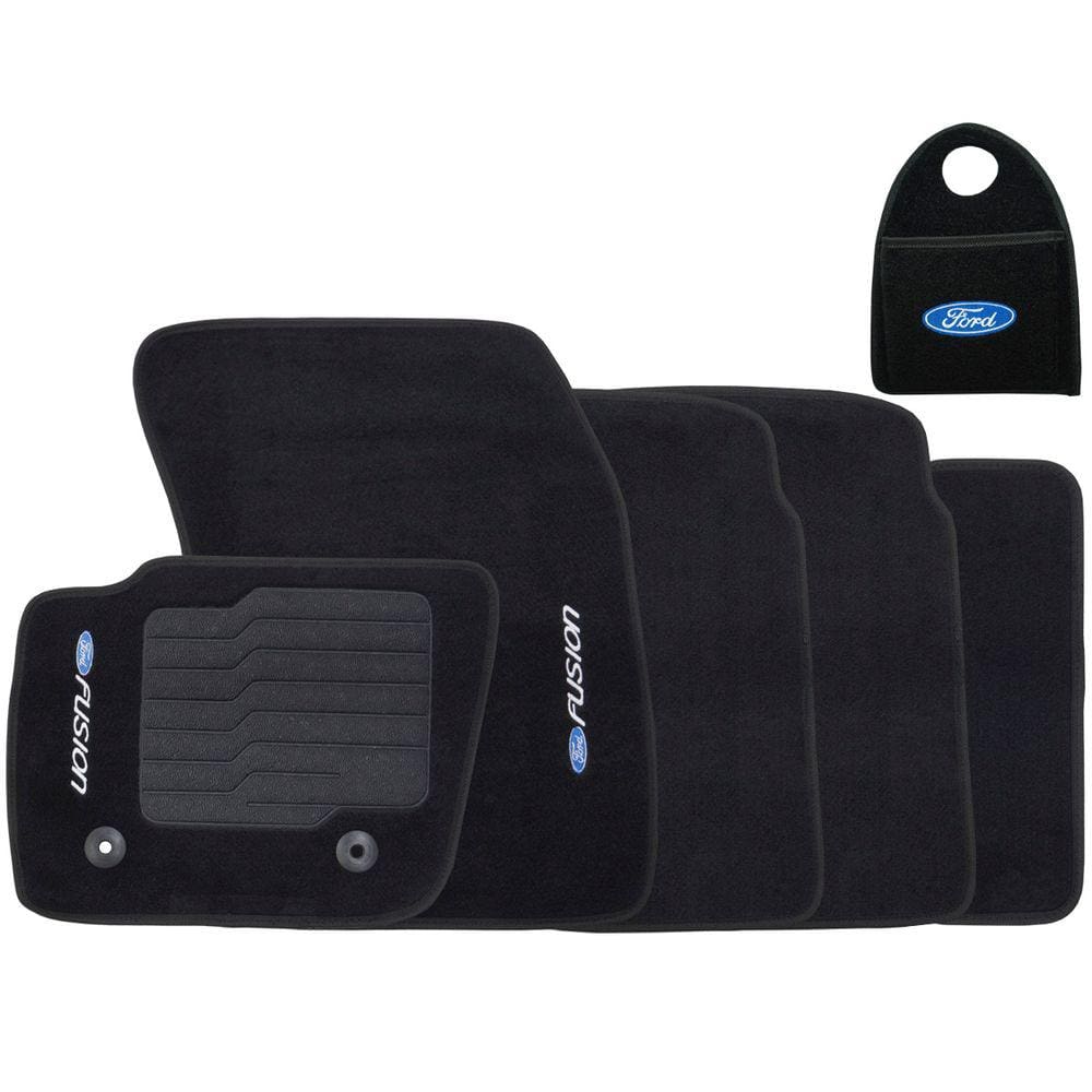 Jogo Tapete Automotivo Carpete + Lixeira Fusion 2013 à 2019 Soft Logo Bordado Preto 6 Peças