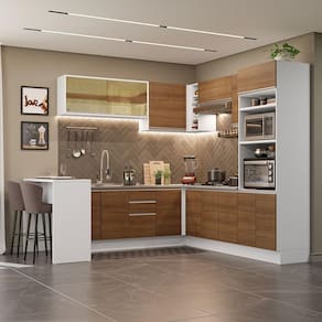 Cozinha Completa de Canto Madesa Glamy 504001  com Armário e Bancada S/ Tampo e Pia Branco/Rustic