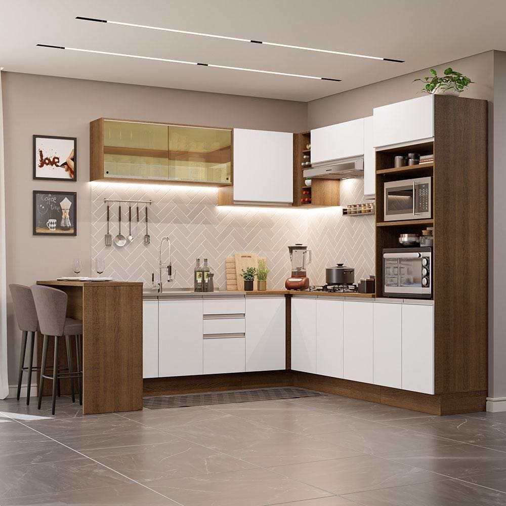 Cozinha Completa de Canto Madesa Glamy 504001 com Armário e Bancada S/ Tampo e Pia Rustic/Branco