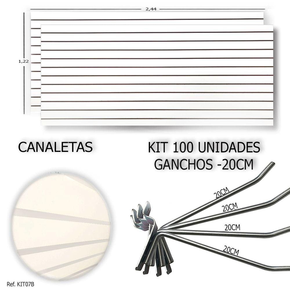 2 Paineis Canaletados - 2,44 x 1,22 + 100 Ganchos 20cm + Canaleta Branca