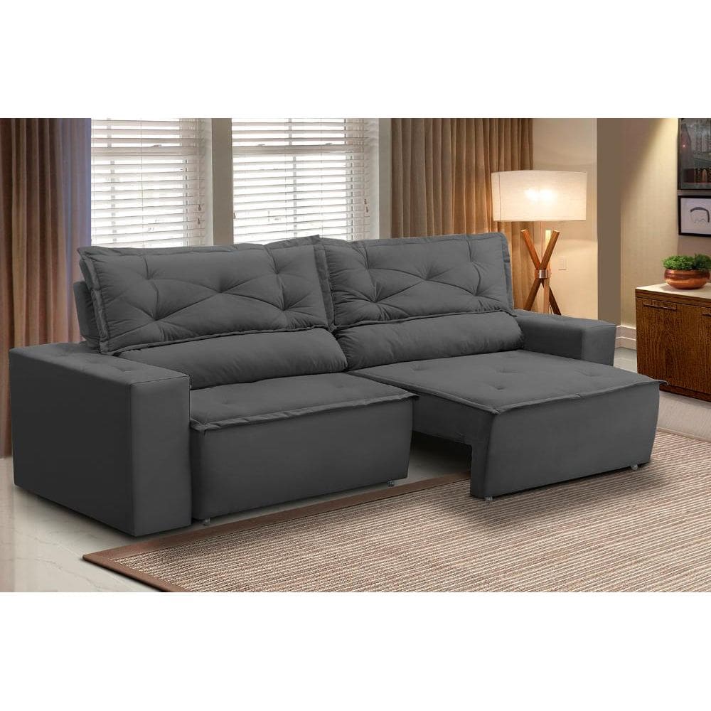 Sofá Retrátil e Reclinável 3 lugares com Molas 2,00m Livia Suede Cinza Adonai Estofados