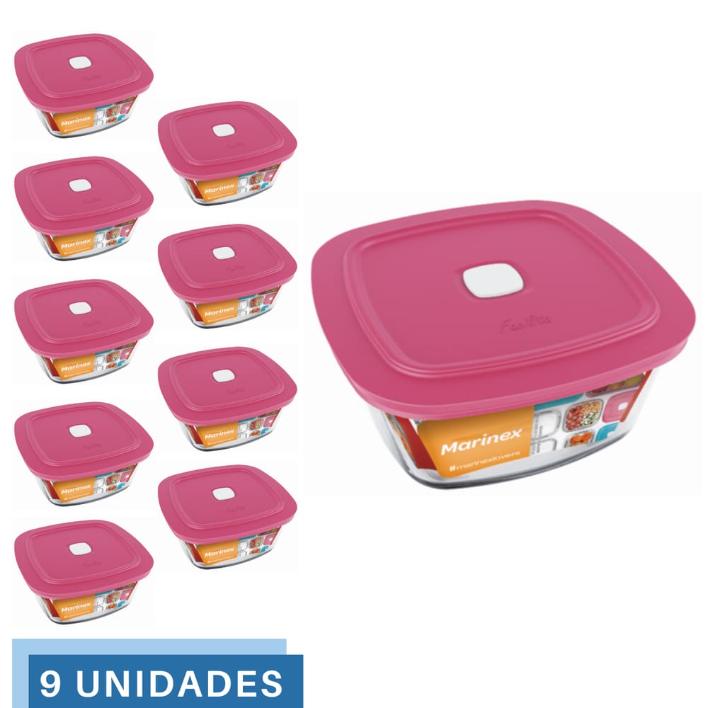 9 Potes Vidro Facilita Quadrado Marmita 500Ml Marinex