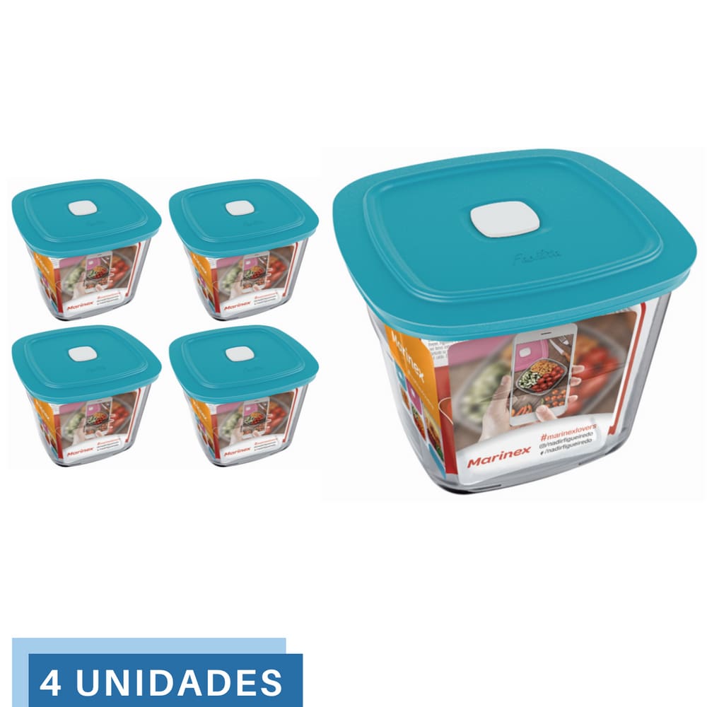 4 Potes Vidro Facilita  Quadrado Alto Com Tampa 1L Marinex