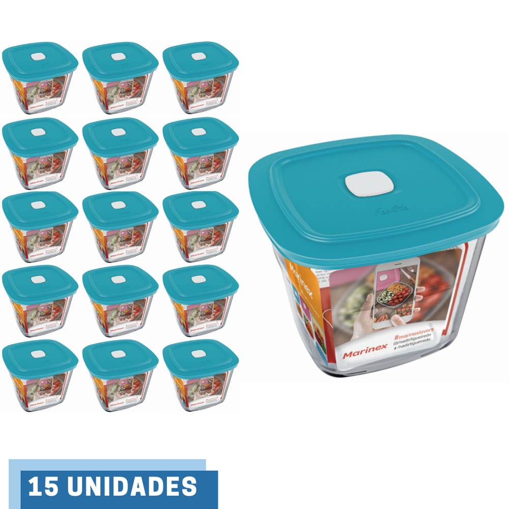 15 Potes Vidro Facilita  Quadrado Alto Com Tampa 1L Marinex