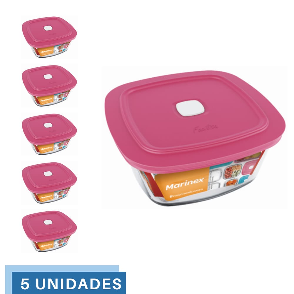 5 Potes Vidro Facilita Vap Quadrado Com Tampa 1L Marinex