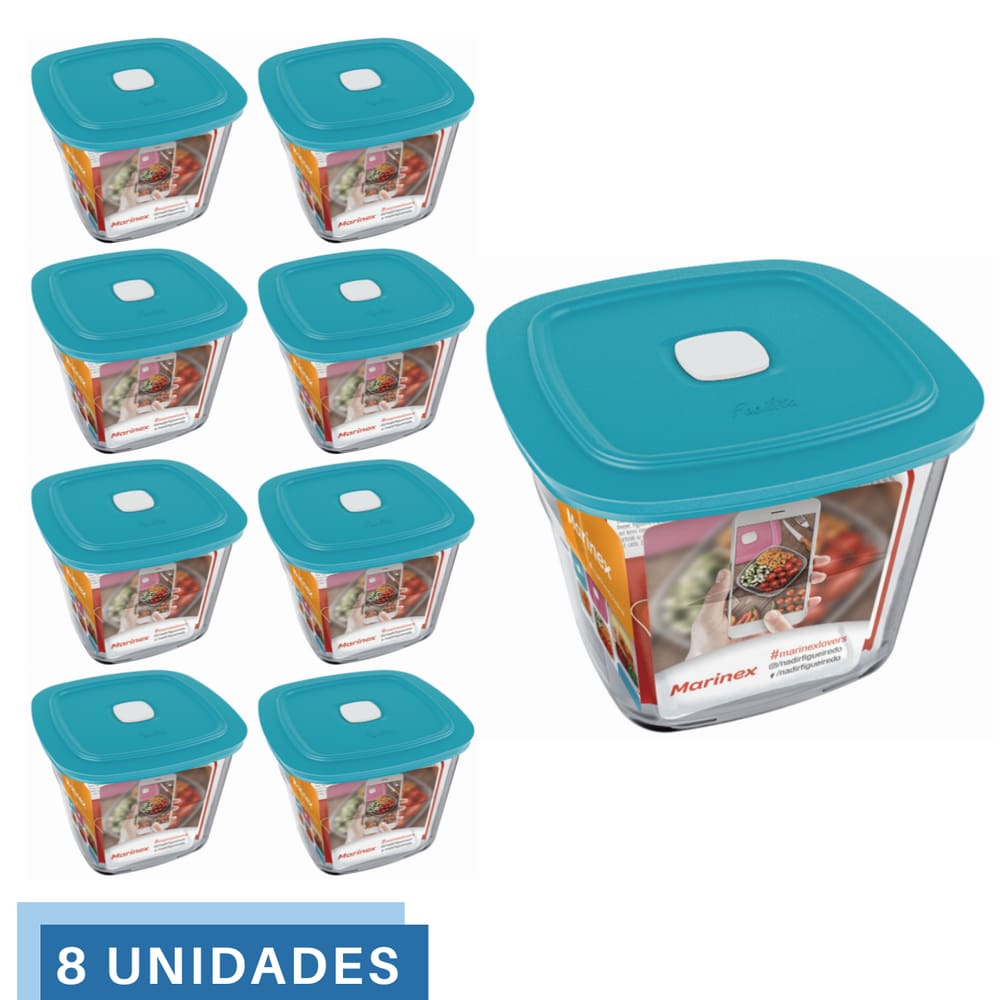 8 Potes Vidro Facilita  Quadrado Alto Com Tampa 1L Marinex