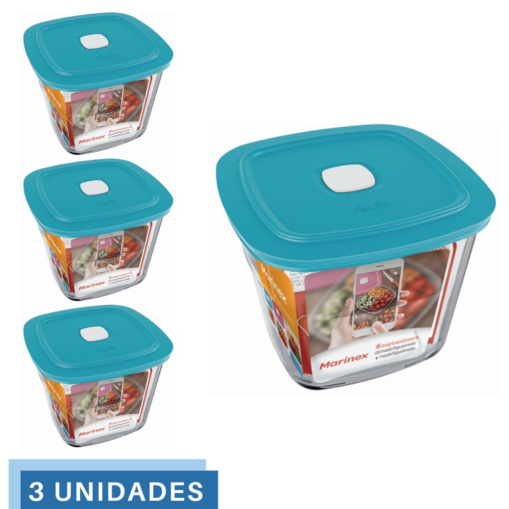 3 Potes Vidro Facilita Quadrado Alto Com Tampa 1L Marinex