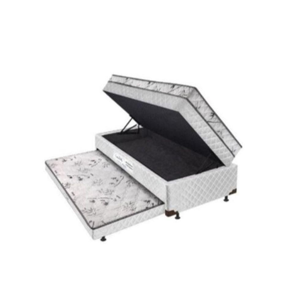 Cama Box Baú Solteiro Conjugado de Molas com Cama Auxiliar Bicama 3 em 1 - Matelassê Branco