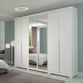 Guarda Roupa Casal em MDF 6 Portas com Espelhos e Pés Guarapari Panan Móveis Branco