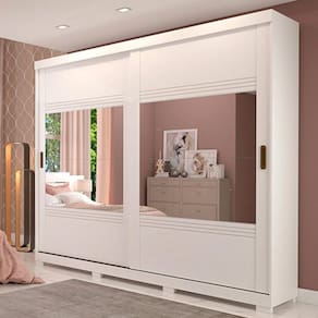 Guarda Roupa Casal MDF 2 Portas de Correr 4 Espelhos 4 Gavetas Internas e Pés Blumenau Panan Móveis Branco