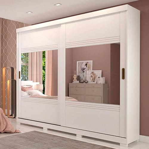 imagem-Guarda Roupa Casal MDF 2 Portas de Correr 4 Espelhos 4 Gavetas Internas e Pés Blumenau Panan Móveis Branco