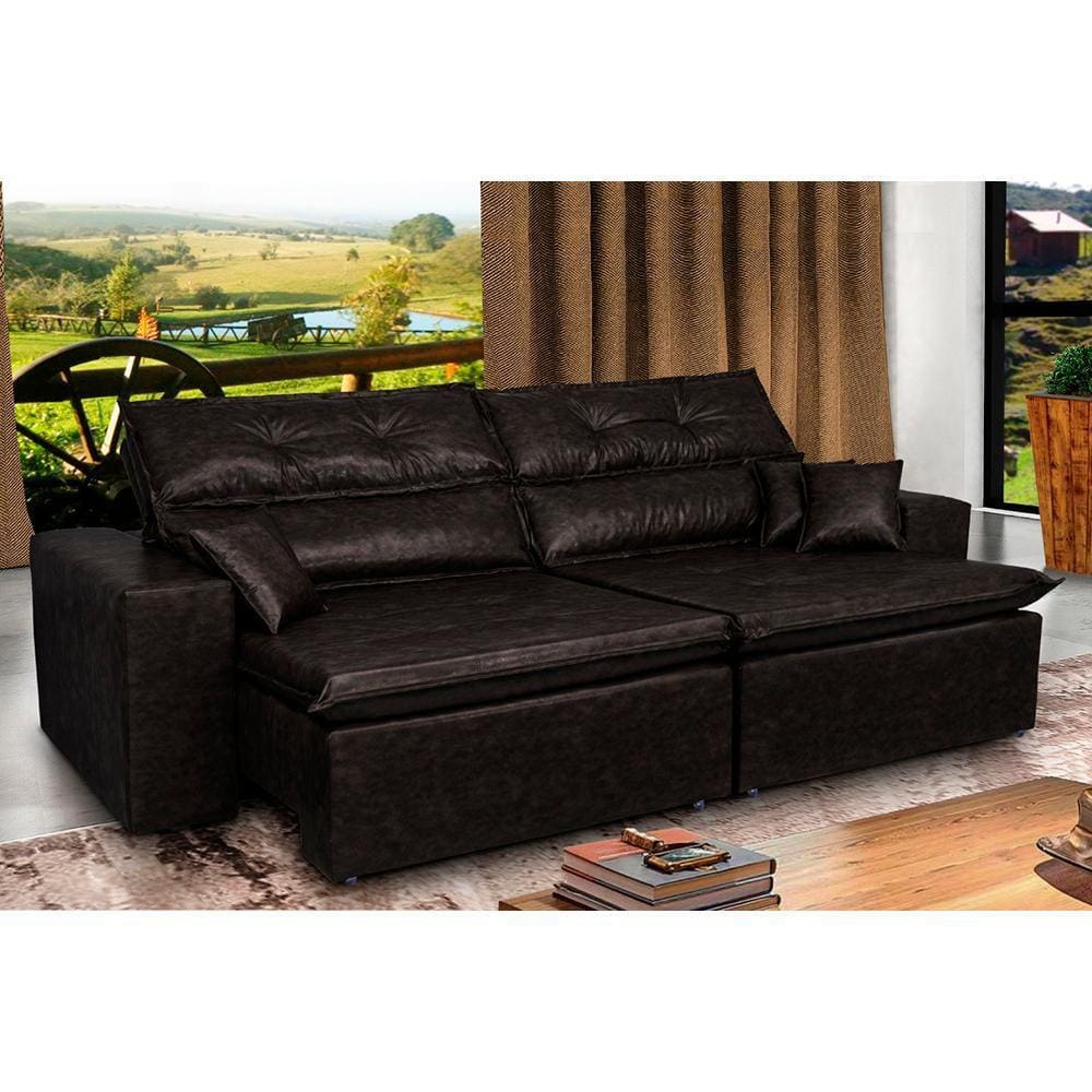 Sofá Tourino 2,02m Retrátil e Reclinável com Molas e Pillow no Assento Courino Café - Cama InBox