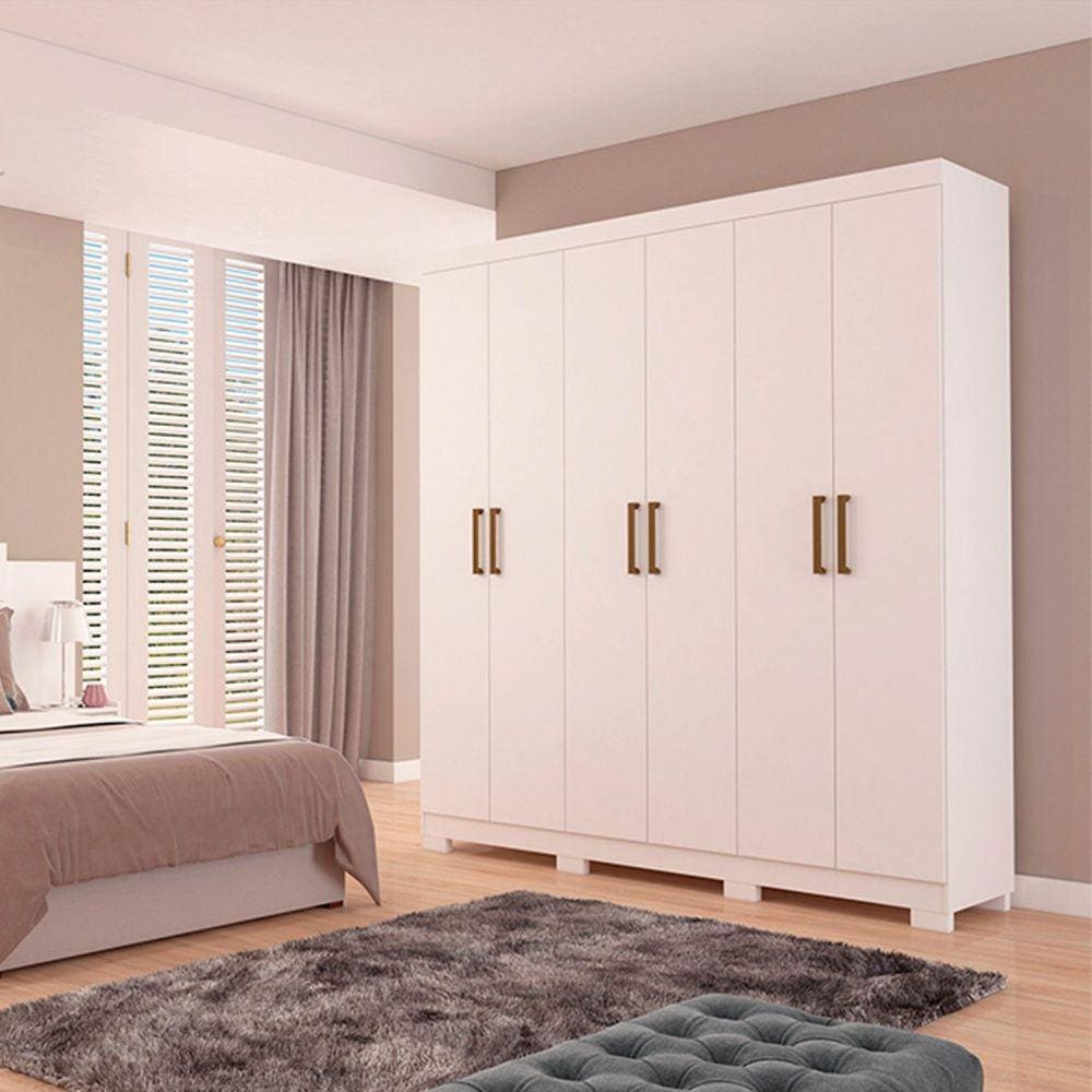 Guarda Roupa Casal MDF 6 Portas 2 Gavetas Espelho Interno Giratório Milena Panan Móveis Branco