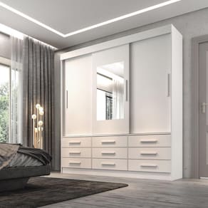 Guarda Roupa Casal 3 Portas 9 Gavetas com Espelho Luana Sallêto Móveis Branco