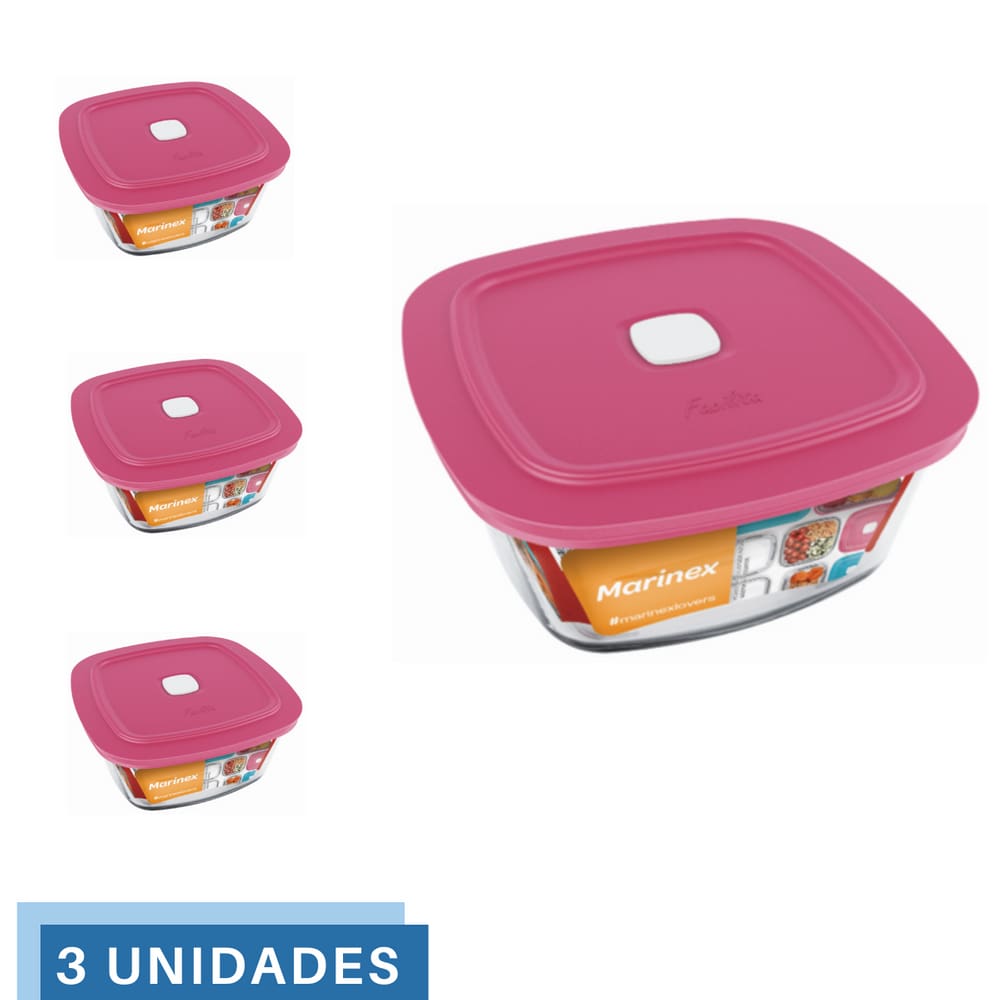 3 Potes Vidro Facilita Vap Quadrado Com Tampa 1L Marinex