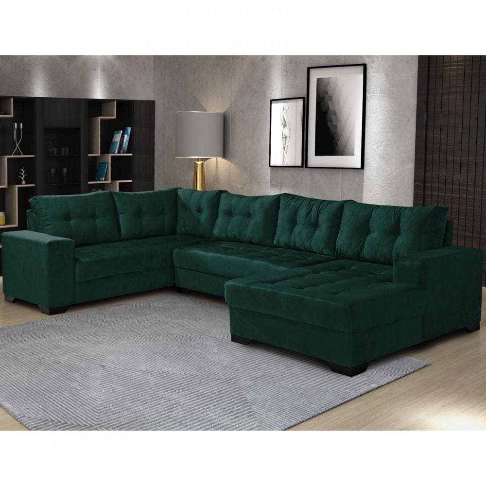 Sofá de Canto 6 Lugares com Chaise Bia Império Estofados Verde