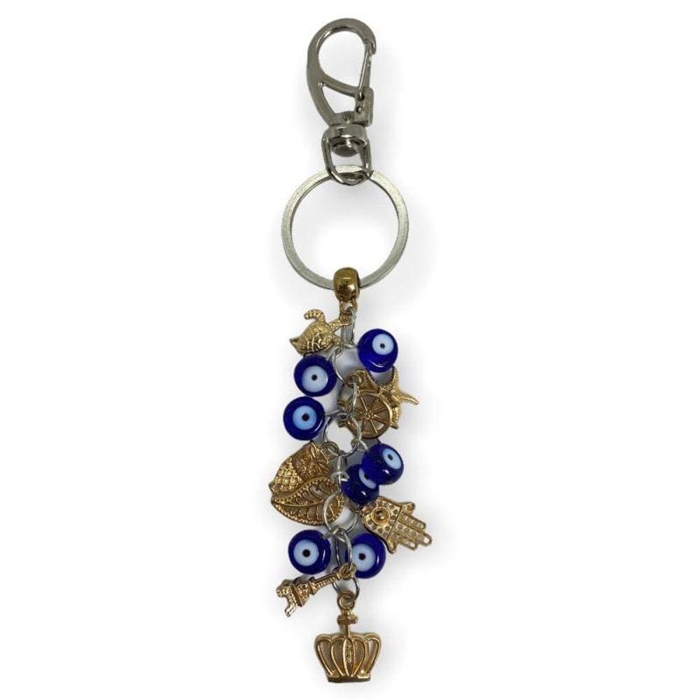 Chaveiro Olho Grego Cachos Azul Esc E Dourado Em Murano 12Cm