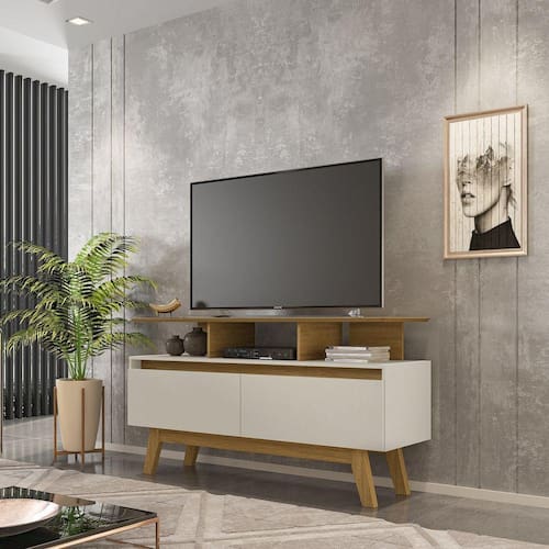imagem-Rack para TV até 50 Polegadas 2 Portas 2 Prateleiras Pés em Madeira Maciça Rubi Móveis Bechara Cinamomo/Off-White - Branco