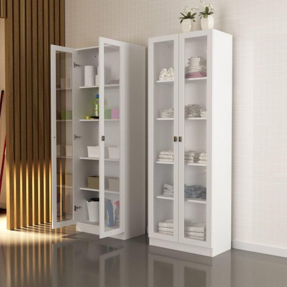 Conjunto 2 Armários Multiuso Com Porta de Vidro Tecno Mobili Branco