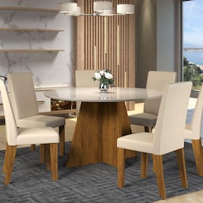 Conjunto Mesa de Jantar Versatil com 6 Cadeiras Viero Móveis Pinho/Bege