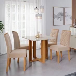 Conjunto para Sala de Jantar Mesa 94x94cm Flora 4 Cadeiras Fernanda Cimol Nature/Off White/Madeira/Nude