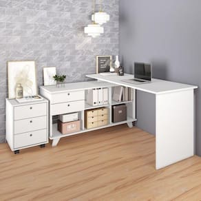 Conjunto Home Office Escrivaninha em L 2 Gavetas 5 Nichos Gaveteiro 3 Gavetas Artany Branco