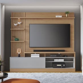 Estante Home Theater para TVs até 65 Polegadas com LED 1 Porta 4 Nichos Maceió Colibri Móveis Freijó/Cinza Fosco