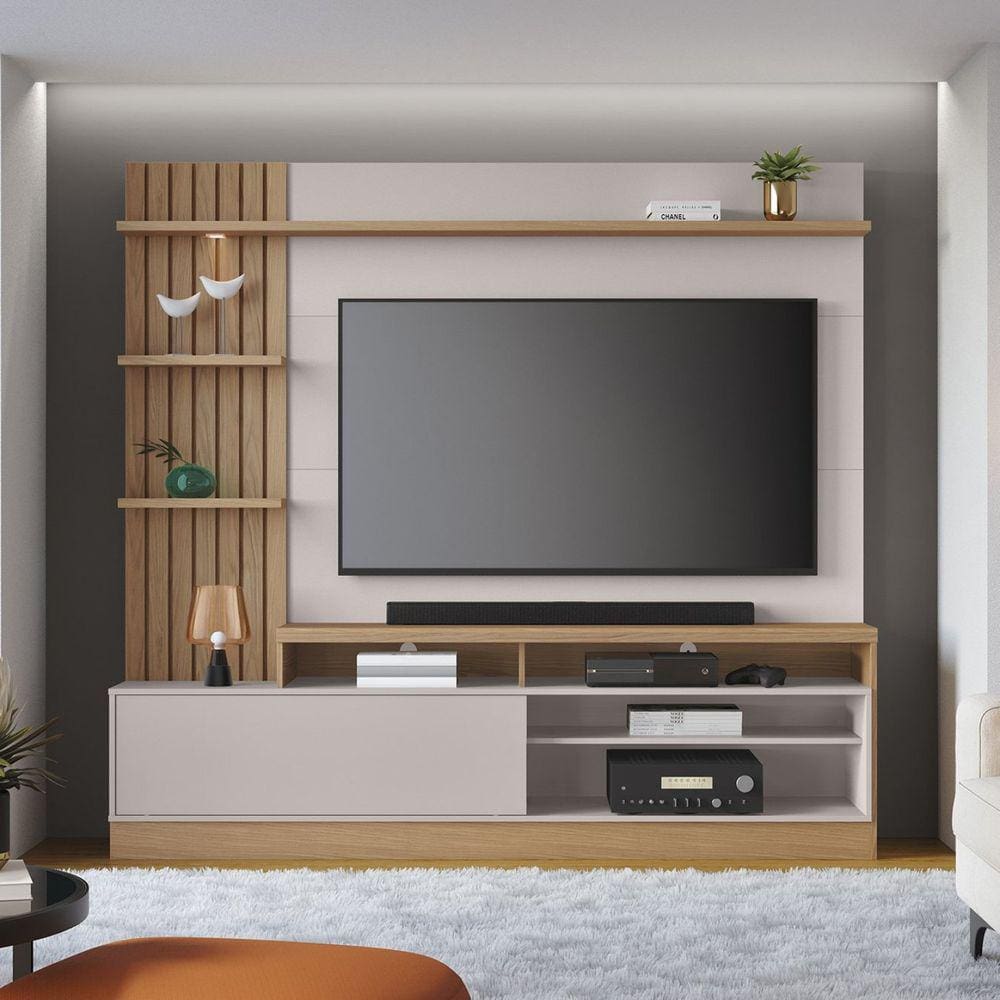 Estante Home Theater para TVs até 65 Polegadas com LED 1 Porta 4 Nichos Maceió Colibri Móveis Freijó/Off White