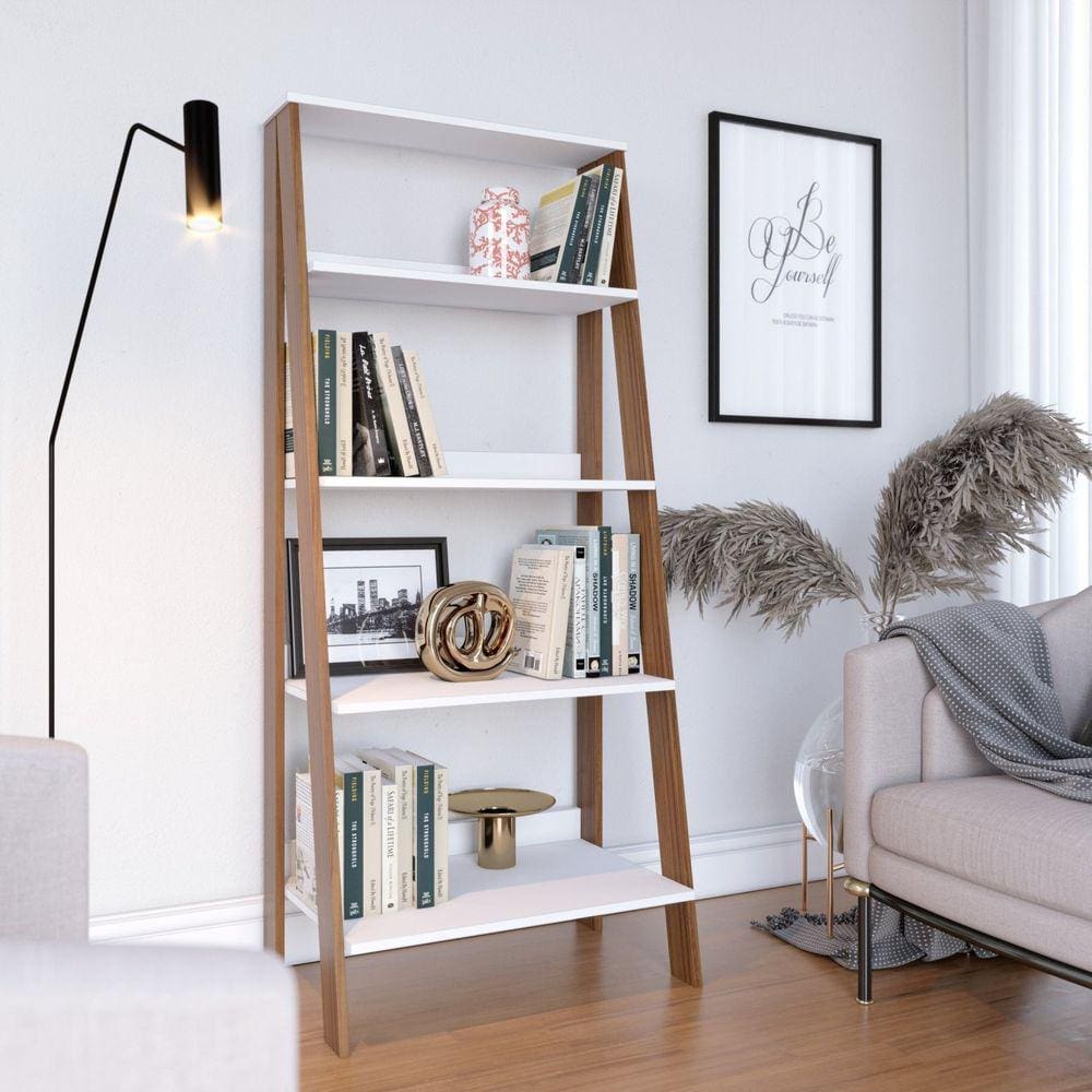 Estante para Livros Escada 4 Prateleiras Tok Yescasa Branco Neve/Noce Milano
