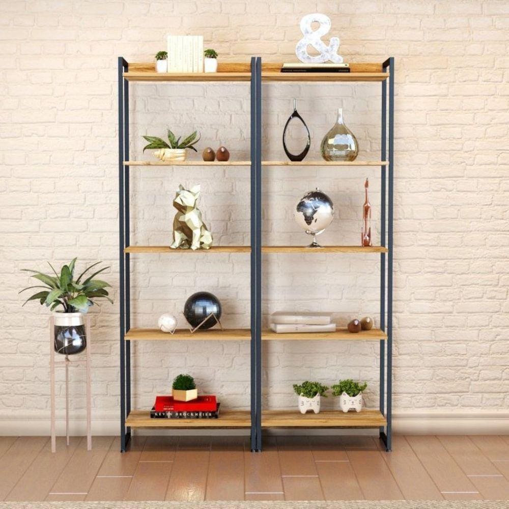 Conjunto 2 Estantes para Livros Altas Industrial Aço 5 Prateleiras 187x60cm Active Yescasa Carvalho