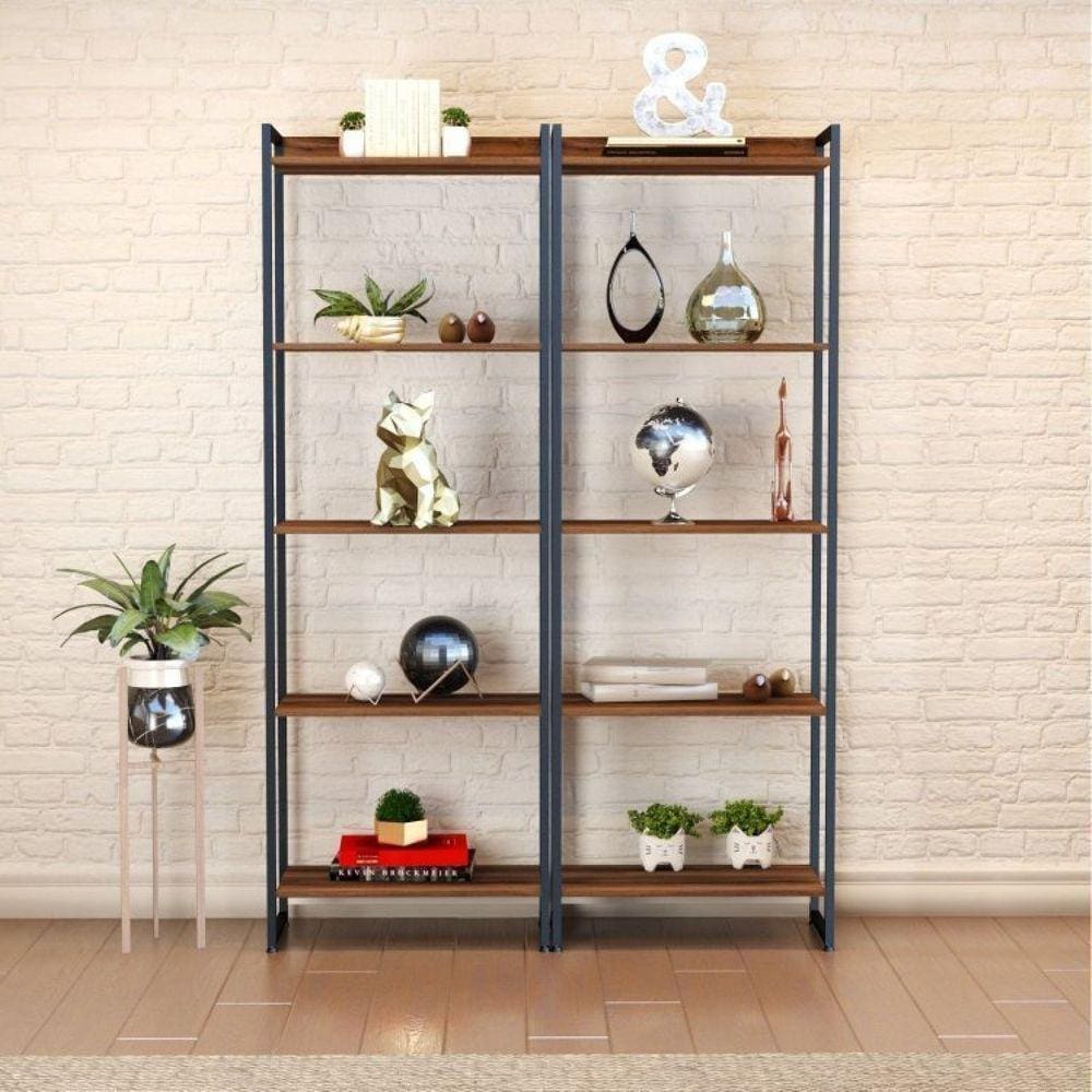 Conjunto 2 Estantes para Livros Altas Industrial Aço 5 Prateleiras 187x60cm Active Yescasa Nogal
