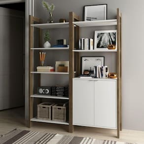 Conjunto 2 Estantes para Livros AZ Biblioteca 2 Portas Premium Espresso Móveis Branco/Nogal