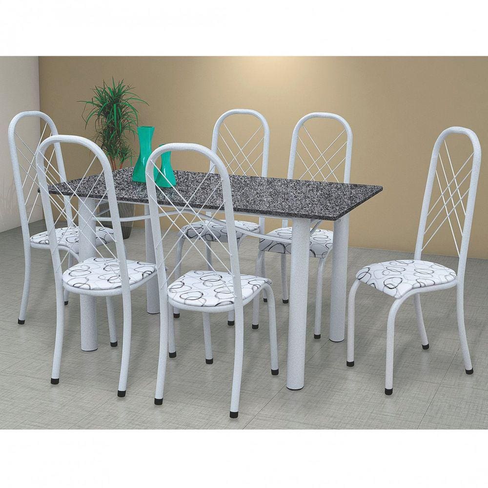 Conjunto de Cozinha Mesa Tampo em Granito Veneza 6 Cadeiras Aço Coelho Branco Matelado/Branco Circular