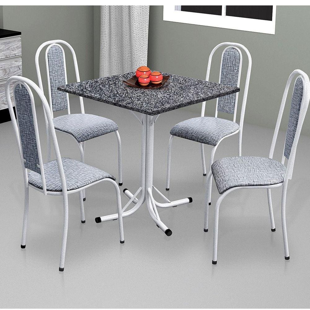 Conjunto de Cozinha Mesa Quadrada Havaí 4 Cadeiras Aço Coelho Branco Matelado/Branco Flame