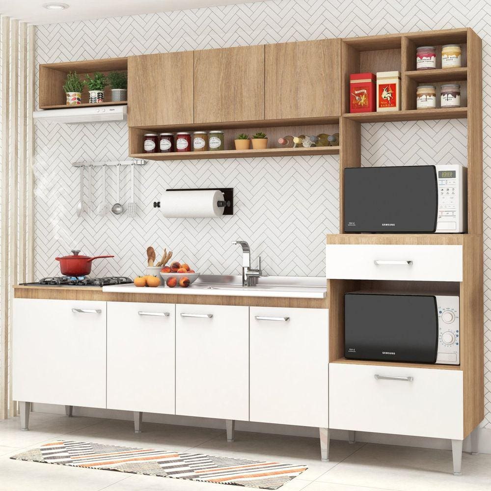 Cozinha Compacta Modulada 8 Portas 1 Gaveta Inova Fellicci Carvalho/Branco