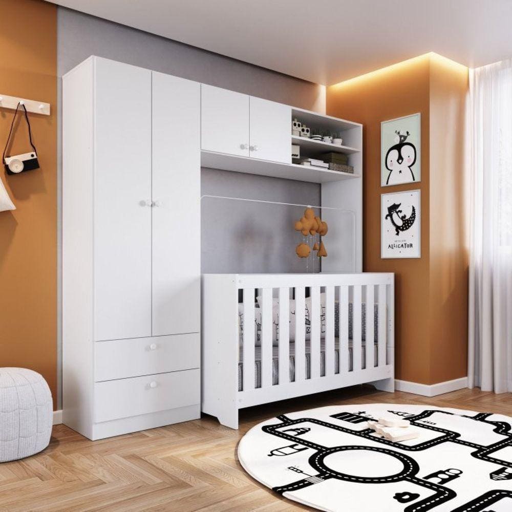 Conjunto para Quarto de Bebê com Guarda Roupas e Berço 3 em 1 com Colchão Completa Móveis Branco
