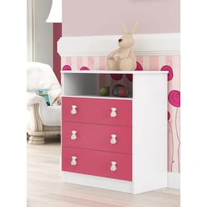 Cômoda de Bebê 3 Gavetas 1 Nicho Arco-íris  DJD Móveis Branco/Rosa