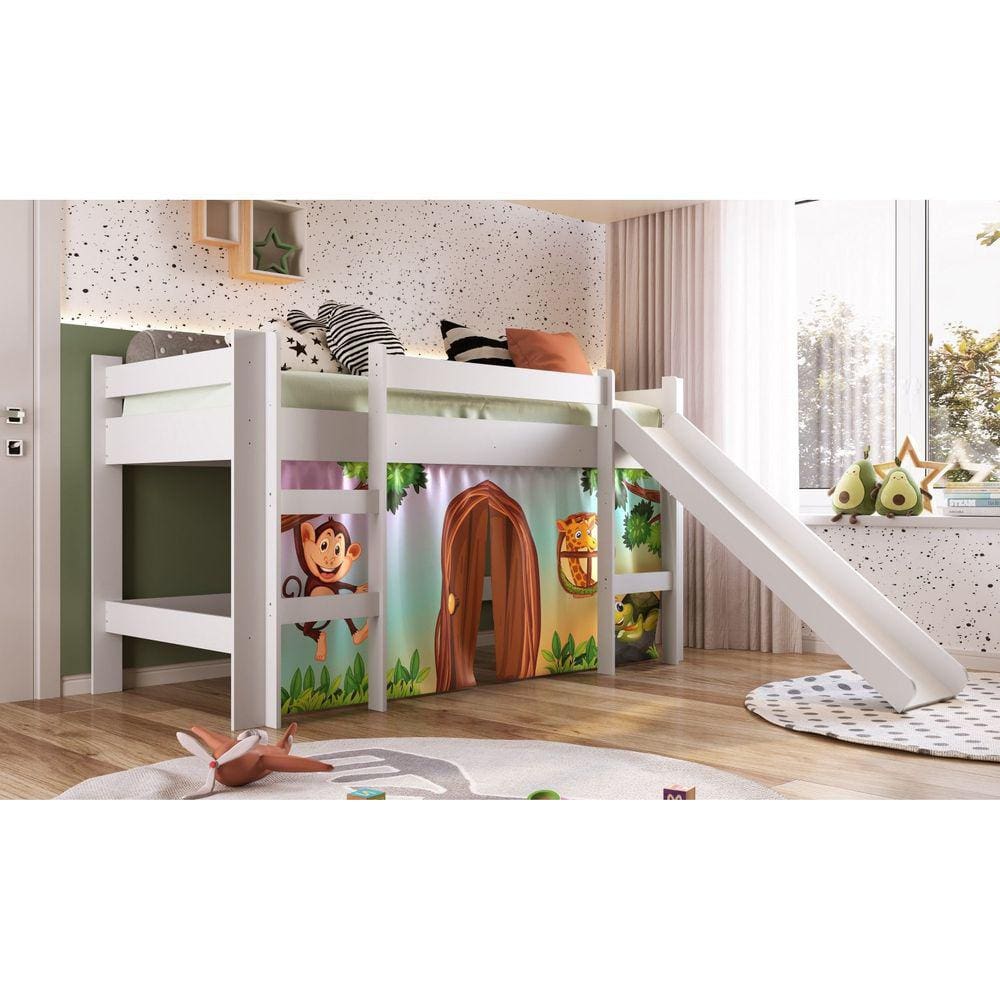 Cama Elevada com Escorregador Branco com Cortina Estampada Zoo Completa Móveis Branco