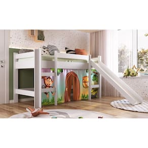 Cama Elevada com Escorregador Branco com Cortina Estampada Zoo Completa Móveis Branco
