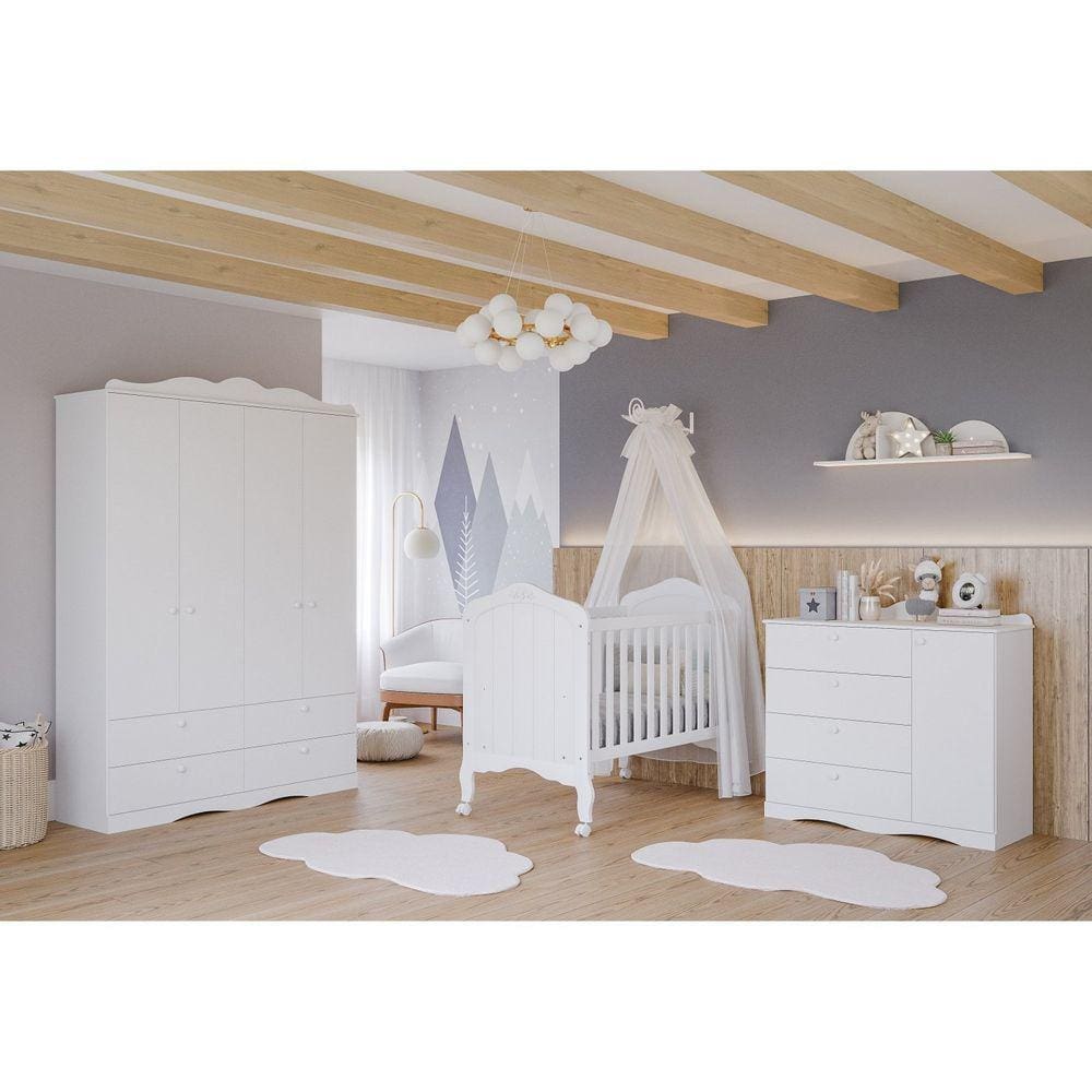 Quarto de Bebê Provençal Berço Cômoda 4 Gavetas Guarda Roupa 4 Portas 4 Gavetas Aquarela Espresso Móveis Branco