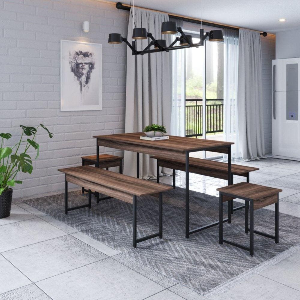 Conjunto Mesa de Jantar com 2 Bancos 2 Banquetas Estilo Industrial Active Yescasa Nogal