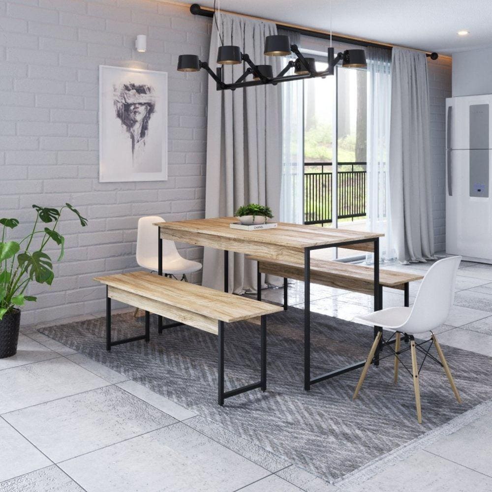Conjunto Mesa de Jantar com 2 Bancos Estilo Industrial Active Yescasa Carvalho