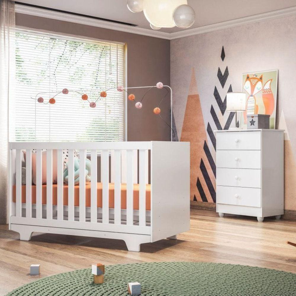 Quarto de Bebê Completo 1 Berço Mini Cama com Colchão Life 1 Cômoda Soft Life Tigus Baby Branco