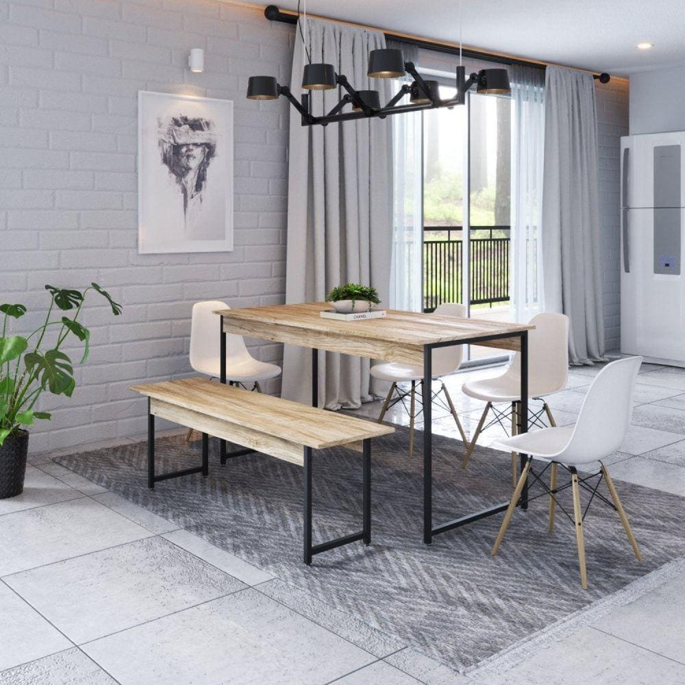 Conjunto Mesa de Jantar com 1 Banco Estilo Industrial Active Yescasa Carvalho