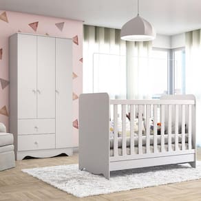 Quarto de Bebê Completo Berço Americano 3 em 1 com Guarda Roupa 3 Portas Pirueta Espresso Móveis Branco Brilho