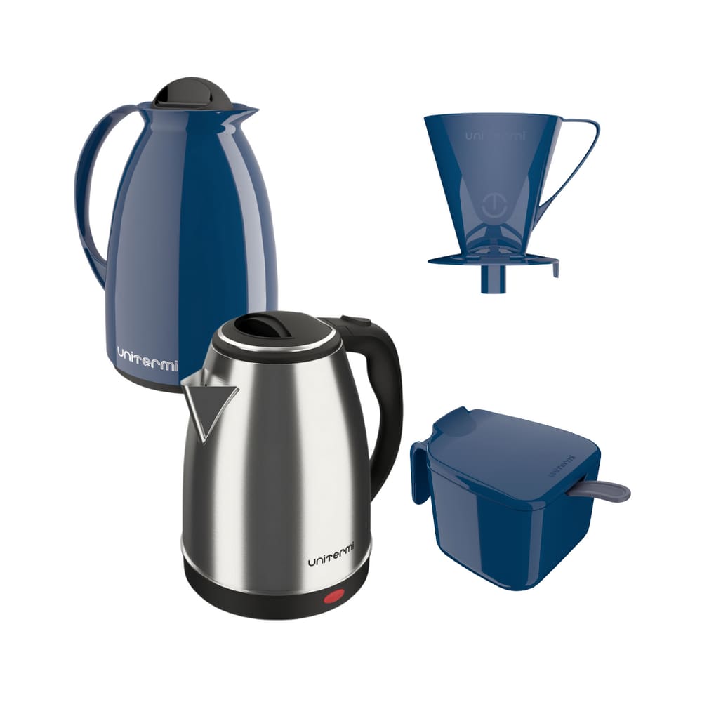 Kit Chaleira elétrica 220V e Garrafa Térmica Café Chá Azul